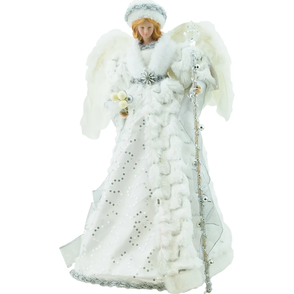 Discount Christmas Forever ANGEL TREE TOP 18″ WHITE/SILVER WITH FAUX FUR W/ HAT