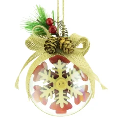 New Christmas Forever BALL CLEAR 75MM CLEAR W/ SNOWFLAKE RED/NAT BURLAP BOW
