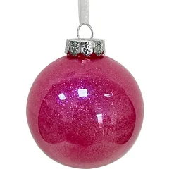 Clearance Christmas Forever BALL FUCSHIA 100MM CLEAR W/ INSIDE GLITTER