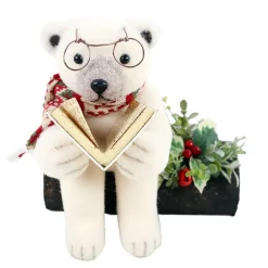 Discount Christmas Forever BEAR BEIGE READING A BOOK ON A LOG 9.5″ WHT/GREEN/RED