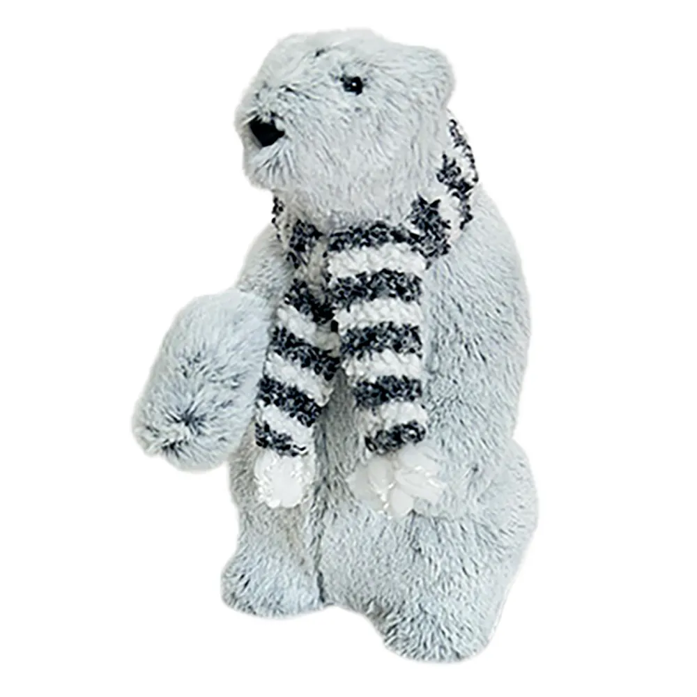 New Christmas Forever BEAR GRAY STANDING PLUSH 12″ W/ BLACK/WHITE SCARF