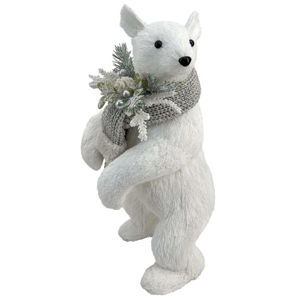 New Christmas Forever BEAR WHITE STANDING FAUX GRASS 6.5″x15″ W/ SCARF, FROSTED PINE & BERRIES