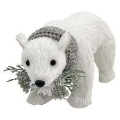 Best Christmas Forever BEAR WHITE STANDING FAUX GRASS 9.5″x5.5″ W/ SCARF, FROSTED PINE & BERRIES