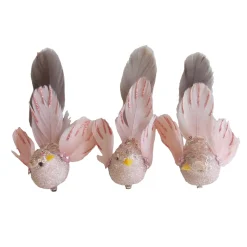 Best Christmas Forever BIRD PINK FEATHERS/FABRIC 6.5″ PINK GLITTER & BEADS W/ CLIP 3 ASSTD.