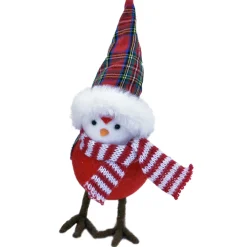 Clearance Christmas Forever BIRD PLUSH 7″ STANDING WHITE W/ RED & GRN PLAID HAT & STRIPED SCARF