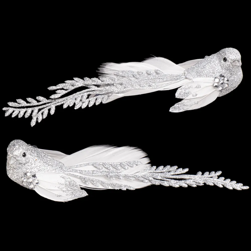 Clearance Christmas Forever BIRD SILVER 7.5″ W/CLIP & FEATHER TAIL W/GLTR 2/S