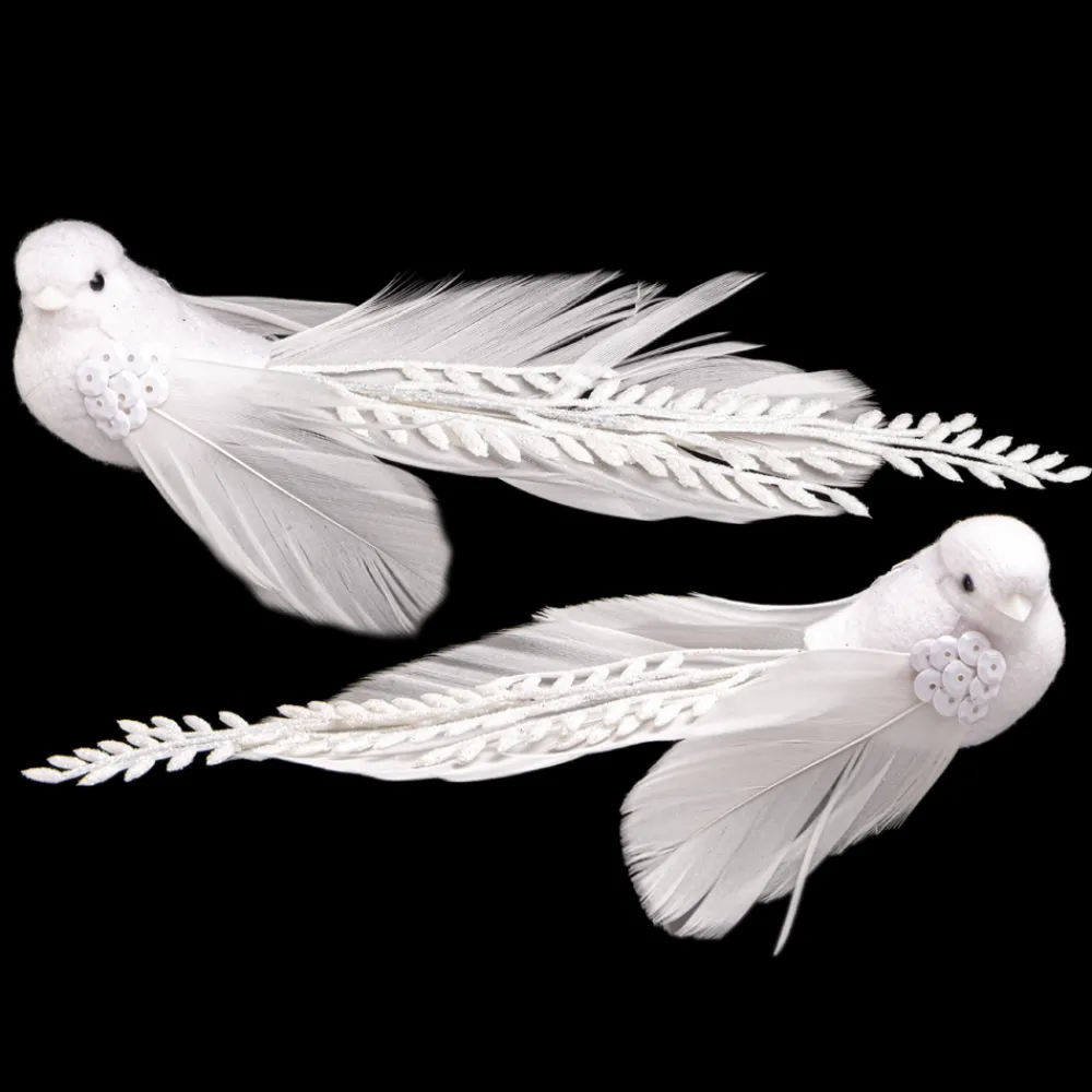 Clearance Christmas Forever BIRD WHITE 8″ W/ CLIP, SEQUIN AND FEATHER TAIL W/ GLTR 2/S