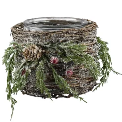 New Christmas Forever CANDLE HOLDER GLASS 6″ FROSTED TWIG & PINE