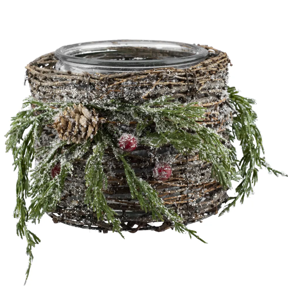 New Christmas Forever CANDLE HOLDER GLASS 6″ FROSTED TWIG & PINE