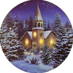 Best Christmas Forever CANVAS ROUND 16″ DIA 4 LED CHURCH W/ SNOW (TMR)