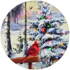 Clearance Christmas Forever CANVAS ROUND 16″ DIA 6 LED XMAS TREE & CARDINAL (TMR)