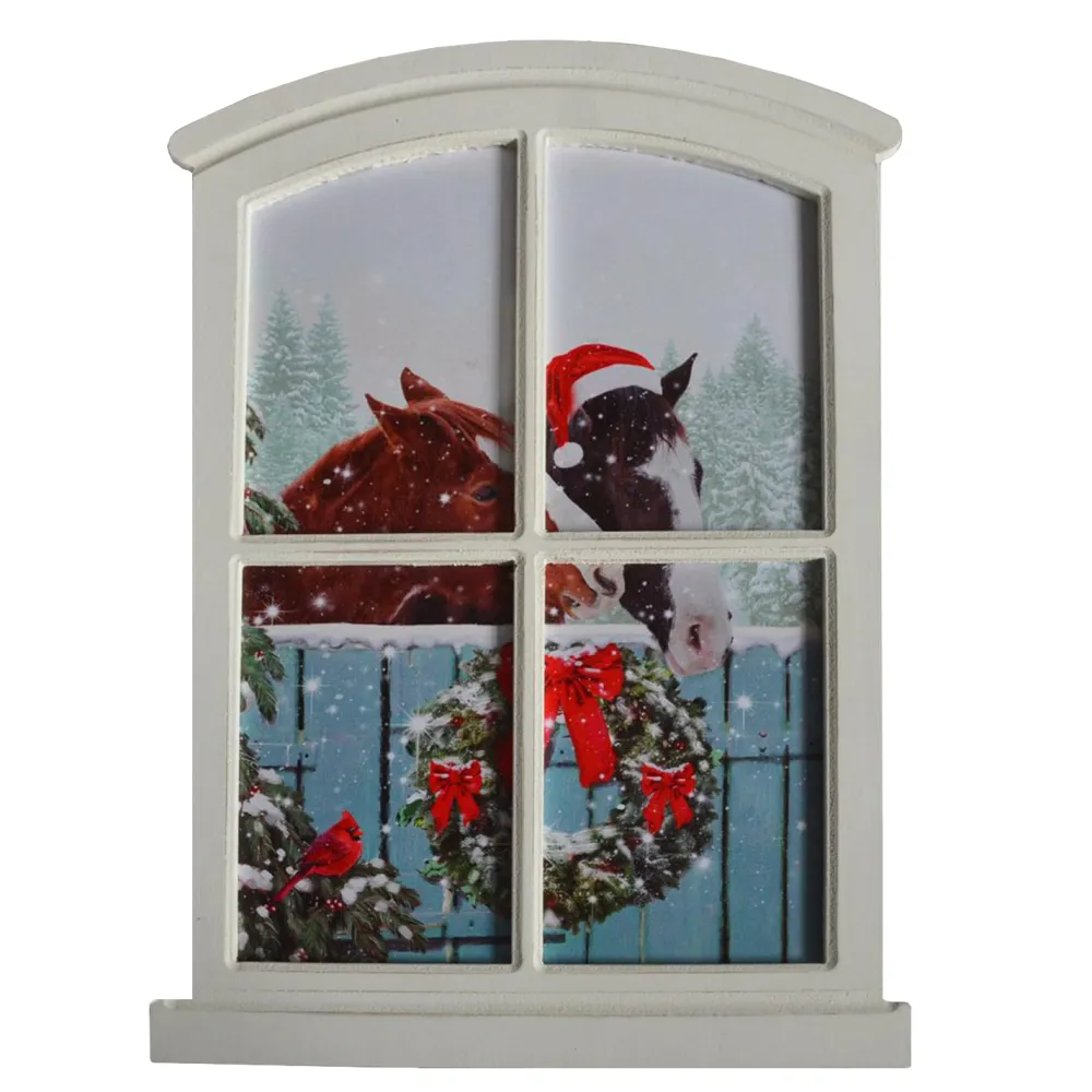 Clearance Christmas Forever CANVAS W/ FRAME 16″X23″30 FIBERS HORSES W/TIMER