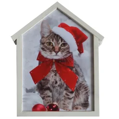 Clearance Christmas Forever CANVAS W/ FRAME 12″X15″20 LED CAT W/ SANTA HAT W/TIMER
