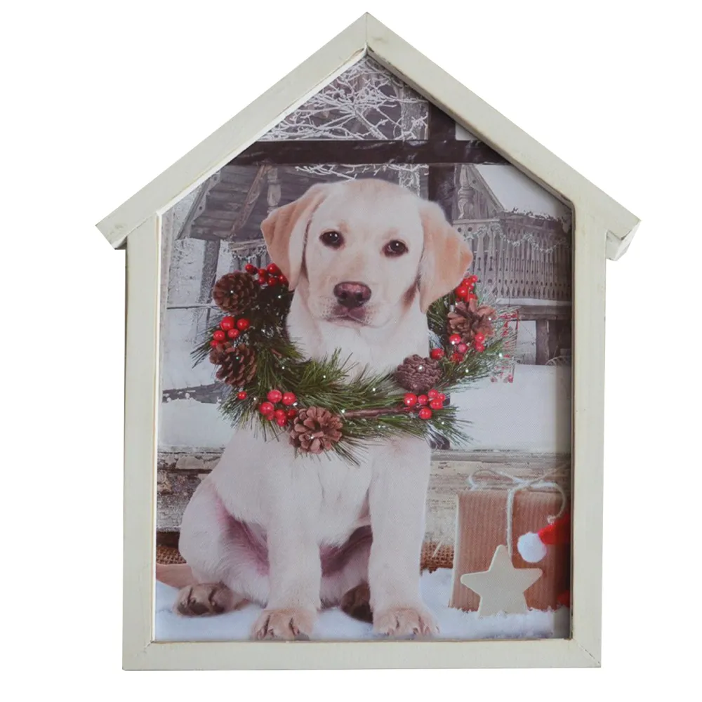 Discount Christmas Forever CANVAS W/ FRAME 12″X15″20 LED DOG W/ WREATH W/TIMER
