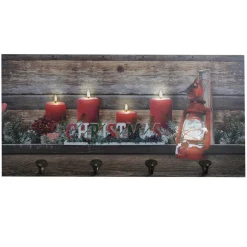 Sale Christmas Forever CANVAS 24″X12″ 5LED RED CANDLES AND LAMP W/4 COAT HOOKS BF