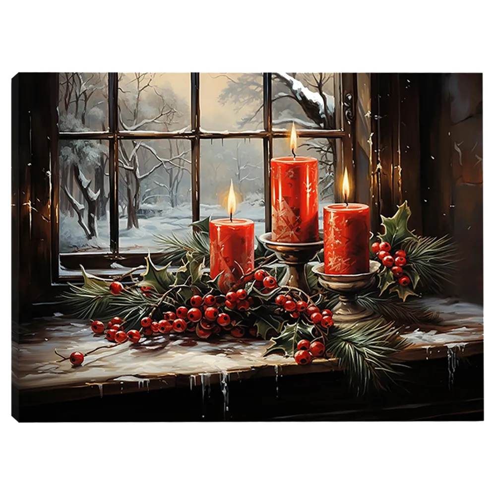 Clearance Christmas Forever CANVAS 16″x12″ LIGHT UP CANDLES 3PCS LED+BLOW FUNCTION