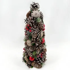 Discount Christmas Forever CONE TREE NATURAL PINECONE 16″ WHITE WASHED W/ RED BALLS