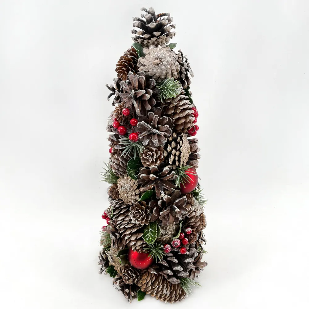 Discount Christmas Forever CONE TREE NATURAL PINECONE 16″ WHITE WASHED W/ RED BALLS