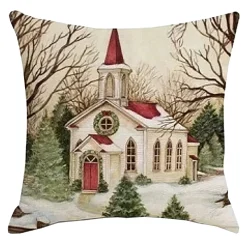 Sale Christmas Forever CUSHION DECORATIVE 16″x16″ CHURCH SCENE IVORY/RED/GREEN