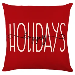 Christmas Forever CUSHION DECORATIVE 16″x16″ “HAPPY HOLIDAYS” RED/WHITE