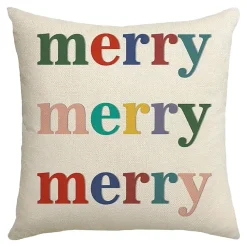 Discount Christmas Forever CUSHION DECORATIVE 16″x16″ “MERRY” IVORY/MULTI