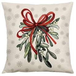Clearance Christmas Forever CUSHION DECORATIVE 16″x16″ MISTLETOE IVORY/GREEN/RED