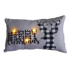 Clearance Christmas Forever CUSHION LIGHTED 20″X12″ 3 LED+6/18 TIMER “MERRY CHRISTMAS” W/ REINDEER WHITE/ BLACK