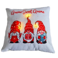 Hot Christmas Forever CUSHION LIGHTED 16″X16″ 3 LED+6/18 TIMER “GNOME SWEET GNOME” WHITE/ RED
