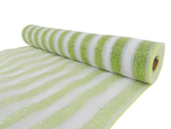 Clearance Christmas Forever DECOR MESH 21″ X 10 YDS WHITE W/ LIME/SILVER STRIPE