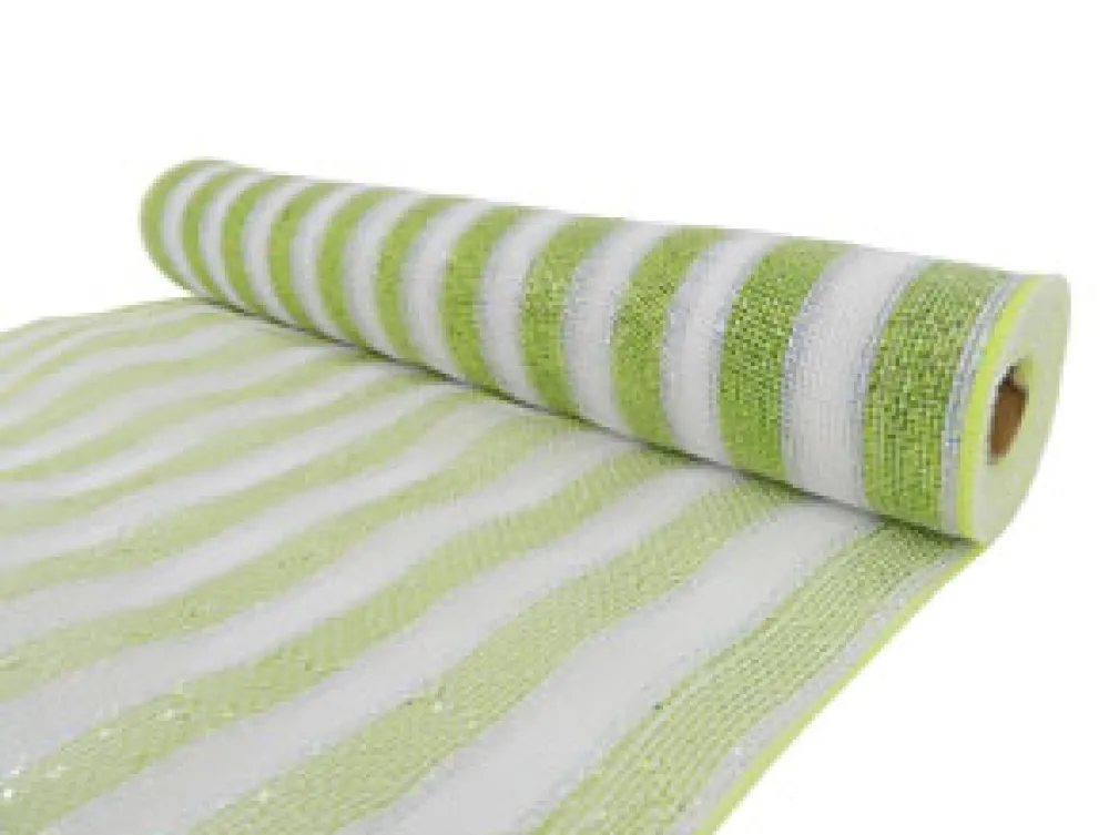 Clearance Christmas Forever DECOR MESH 21″ X 10 YDS WHITE W/ LIME/SILVER STRIPE