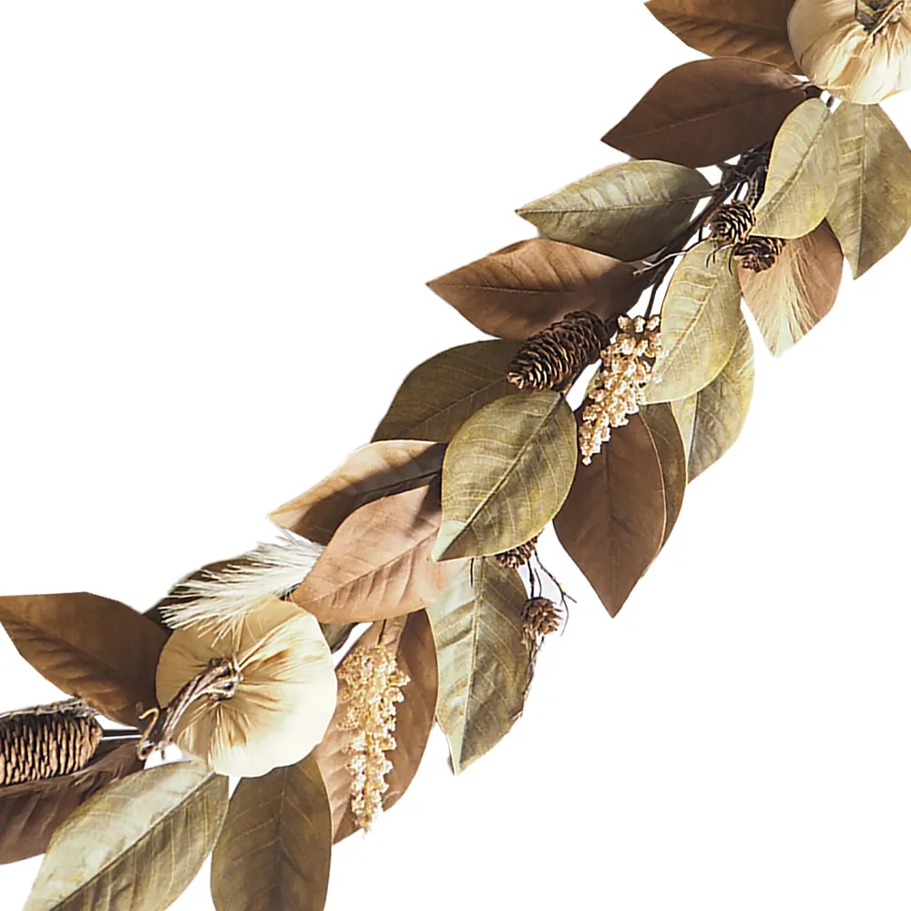 New Christmas Forever FALL GARLAND 72″ HEMP PUMPKIN/PINECONE W/ MAGNOLIA LEAF NATURAL