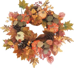Hot Christmas Forever FALL WREATH 24″ PUMPKIN/PINECONE/MAPLE LEAVES W/ BERRIES ORANGE/MULTI