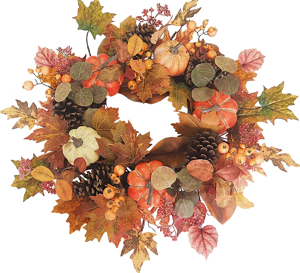Hot Christmas Forever FALL WREATH 24″ PUMPKIN/PINECONE/MAPLE LEAVES W/ BERRIES ORANGE/MULTI