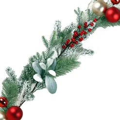 New Christmas Forever GARLAND MIXED PINES W/ BERRIES & BALLS 5′ RED/GREEN/GOLD