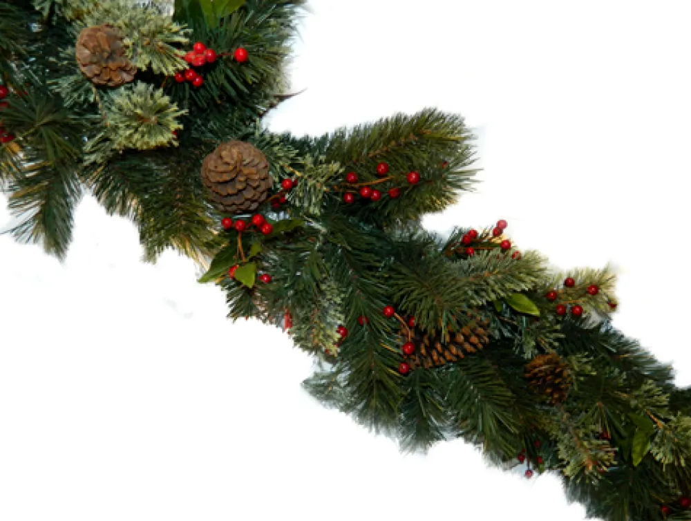 New Christmas Forever GARLAND NAT. MIXED NEEDLE PINE 6′ X 14″ 120 TIPS W/ RED BERRIES & CONES
