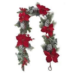 Online Christmas Forever GARLAND RED POINSETTIA 72″ FLOCKED PINE CONE RED/GREEN/WHITE