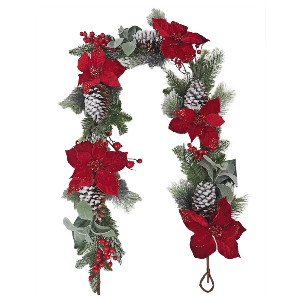 Online Christmas Forever GARLAND RED POINSETTIA 72″ FLOCKED PINE CONE RED/GREEN/WHITE