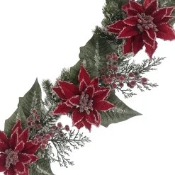 New Christmas Forever GARLAND RED POINSETTIA 60″ ICED W/ MIXED GREENS & ICED BERRIES