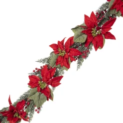 Discount Christmas Forever GARLAND RED POINSETTIA 48″ W/ MIXED GREENS & BERRIES