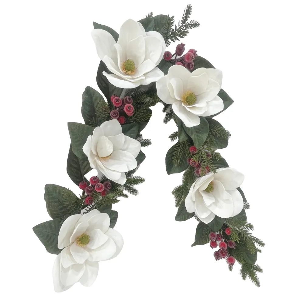Outlet Christmas Forever GARLAND WHITE MAGNOLIA 60″ W/MIXED GREENS & ICED RED BERRIES