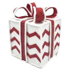 Best Christmas Forever GIFT BOX CANDY CANE TABLE DECOR 6.5″x8.5″ RED/WHITE W/ FAUX FAUR TRIM & GLITTER