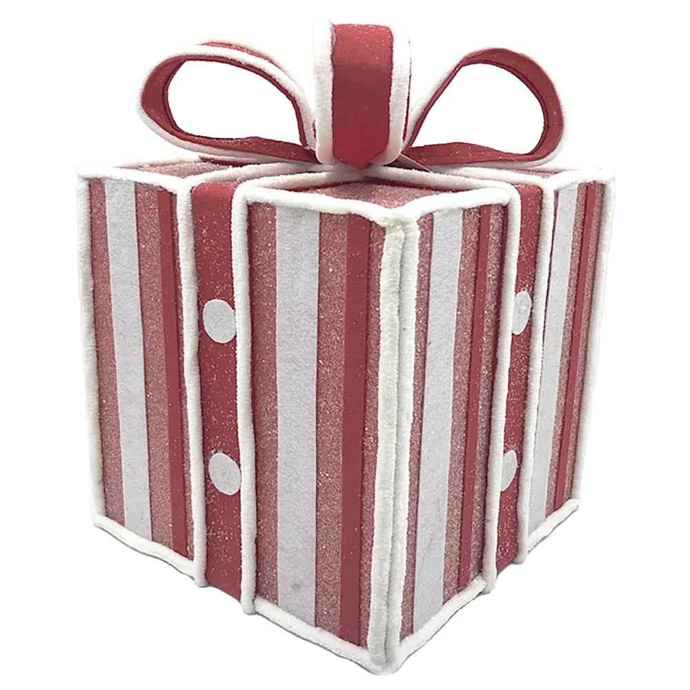 Sale Christmas Forever GIFT BOX CANDY CANE TABLE DECOR 8.5″x11″ RED/WHITE W/ FAUX FAUR TRIM & GLITTER