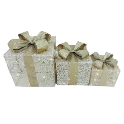 Discount Christmas Forever GIFT BOX TABLE DECOR 3PC SET 6”+10L/8”+20L/10″+20L CHAMPAGNE GOLD FABRIC W/ GLITTER & BOW W/ TIMER