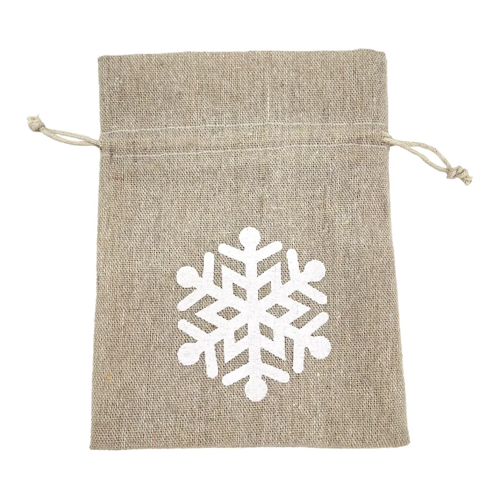 Christmas Forever GIFT SACK NATURAL 6.5″ W/ WHITE SNOWFLAKE BURLAP