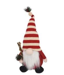 Clearance Christmas Forever GNOME PLUSH STANDING WITH RED/WHITE STRIPES HAT HOLDING PINE AND BERRY 16″H