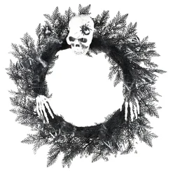 Hot Christmas Forever HALLOWEEN WREATH 22″ PINE W/ SKULL, BAT & SPIDER BLACK/WHITE