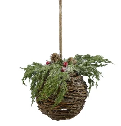 Best Christmas Forever HANGING BALL FROSTED 5″ NATURAL VINE W/ CEDAR & RED BERRIES