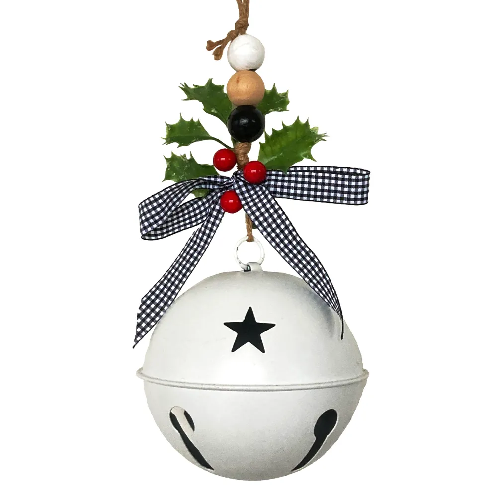New Christmas Forever JINGLE BELL WHITE SHINY 5.5″ W/ RIBBON & HOLLY BERY HANGER