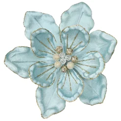 Clearance Christmas Forever MAGNOLIA HEAD BLUE ICE 9.5″ VELVET W/ CH GLITTER & CLIP