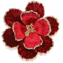 Christmas Forever MAGNOLIA HEAD BURGUNDY 9″ ROSE GOLD GLITTER W/CLIP